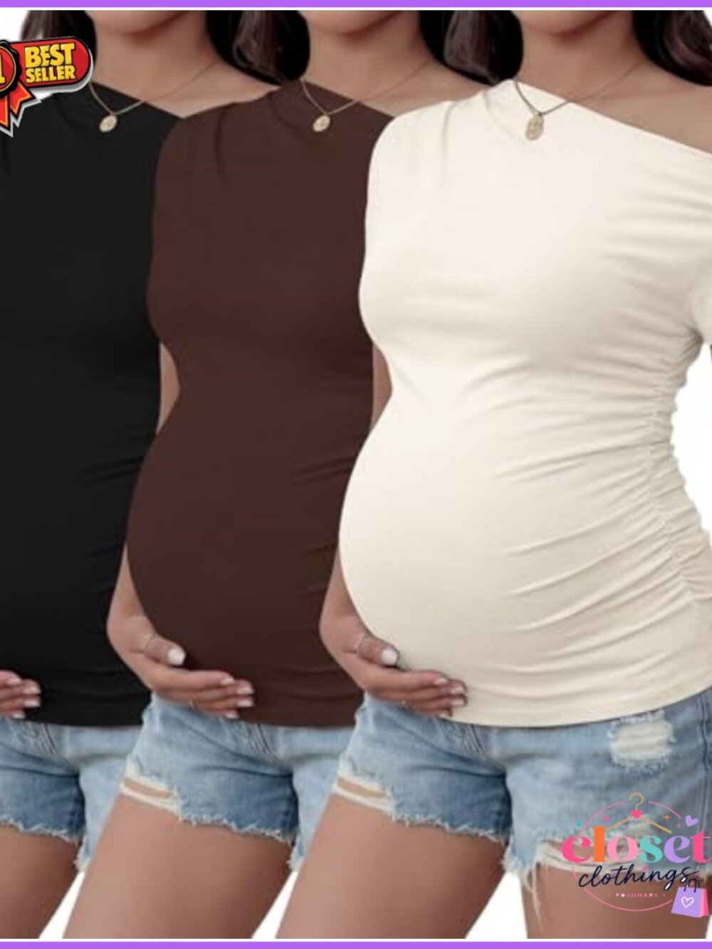 3 Pack Off Shoulder Maternity Tops Ruched Short Sleeve Pregnancy Tees